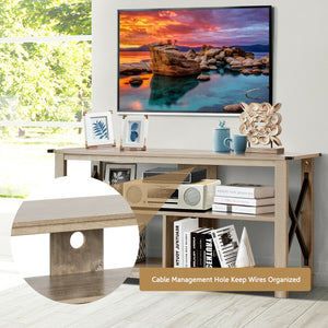 Modern farmhouse style TV furniture entertainment center for TVs up to 55 inches with open shelves