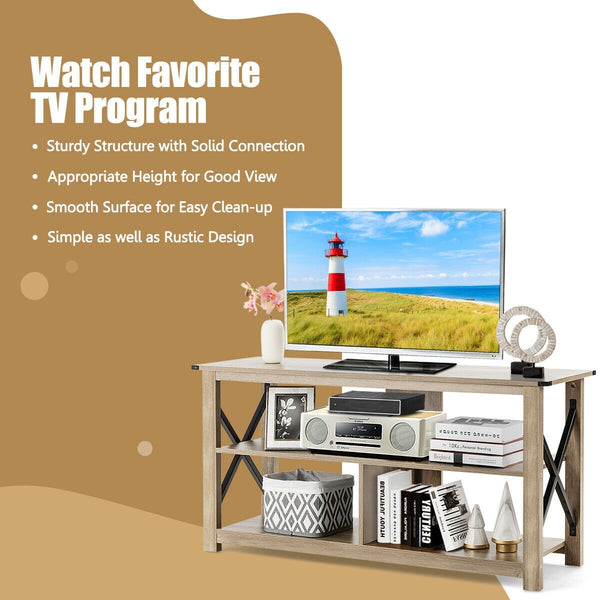 Modern farmhouse style TV furniture entertainment center for TVs up to 55 inches with open shelves