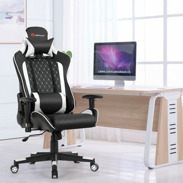 Massage gaming chair with lumbar support and headrest - White