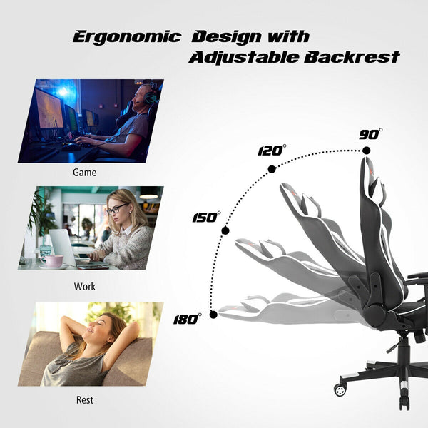 Massage gaming chair with lumbar support and headrest - White