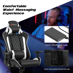 Massage gaming chair with lumbar support and headrest - White