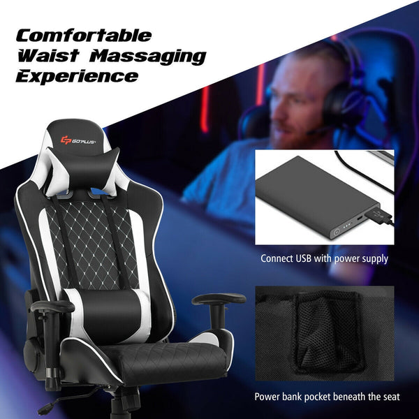 Massage gaming chair with lumbar support and headrest - White