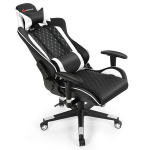 Massage gaming chair with lumbar support and headrest - White