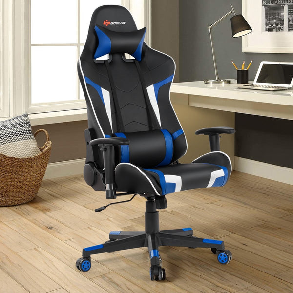 Swivel and reclining massage gaming chair with lumbar support - blue