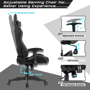 Swivel and reclining massage gaming chair with lumbar support - Grey