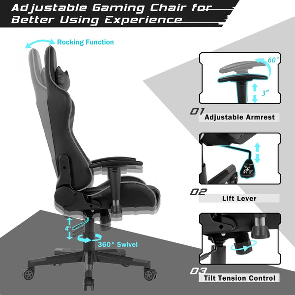 Swivel and reclining massage gaming chair with lumbar support - Grey