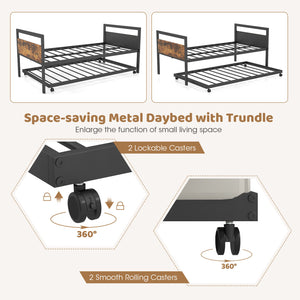 Double metal daybed with lockable casters and pull-out bed - double size