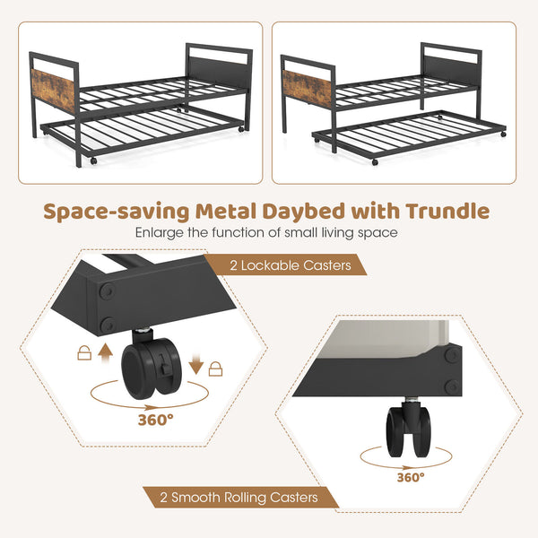 Double metal daybed with lockable casters and pull-out bed - double size