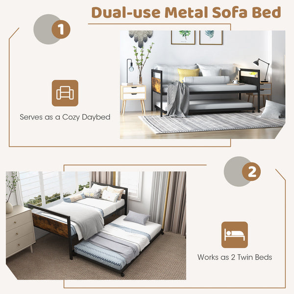 Double metal daybed with lockable casters and pull-out bed - double size