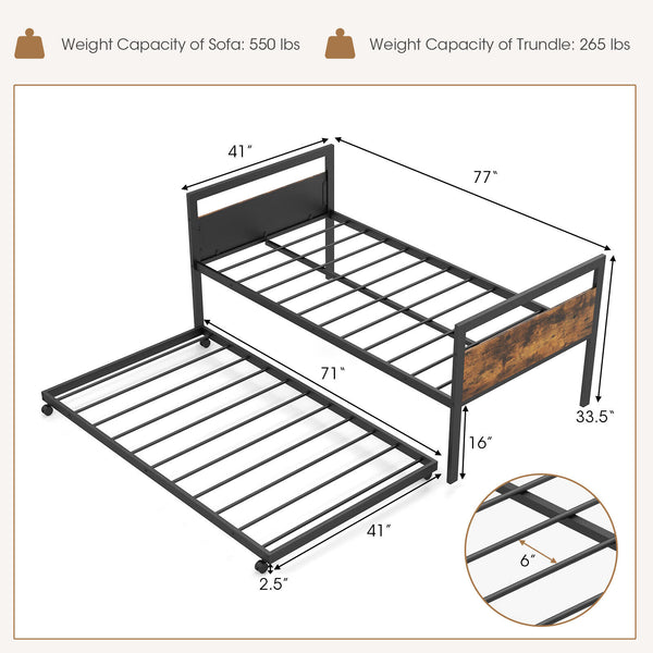 Double metal daybed with lockable casters and pull-out bed - double size