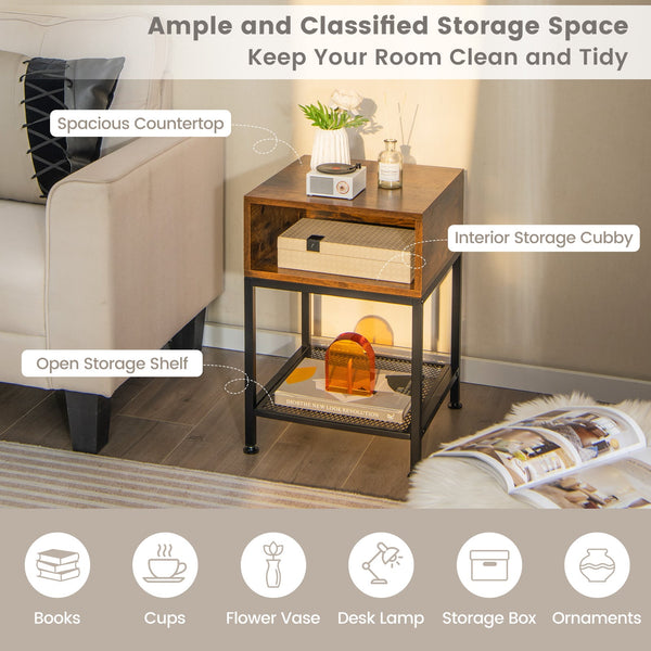 Industrial bedside side table with mesh shelf