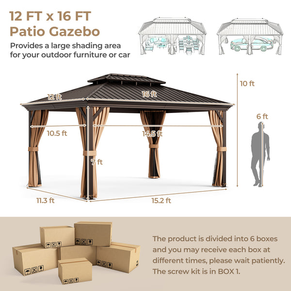 12 ft x 16 ft Double-Roofed Hard-Roof Gazebo with Galvanized Steel Roof - Cafe
