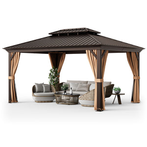 12 ft x 16 ft Double-Roofed Hard-Roof Gazebo with Galvanized Steel Roof - Cafe