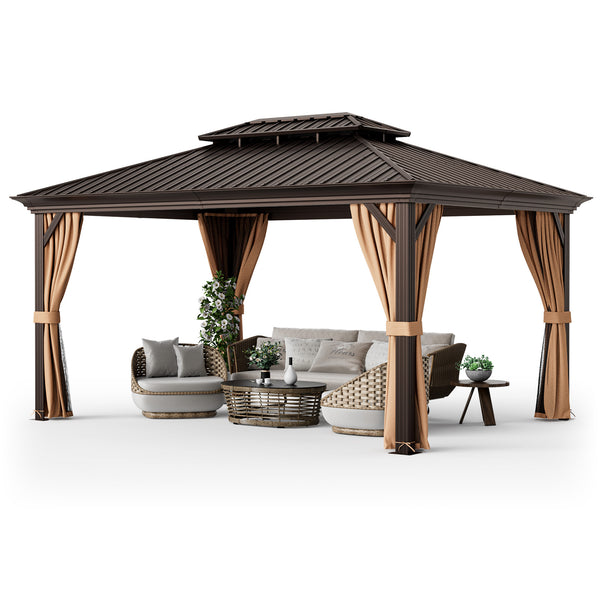 12 ft x 16 ft Double-Roofed Hard-Roof Gazebo with Galvanized Steel Roof - Cafe