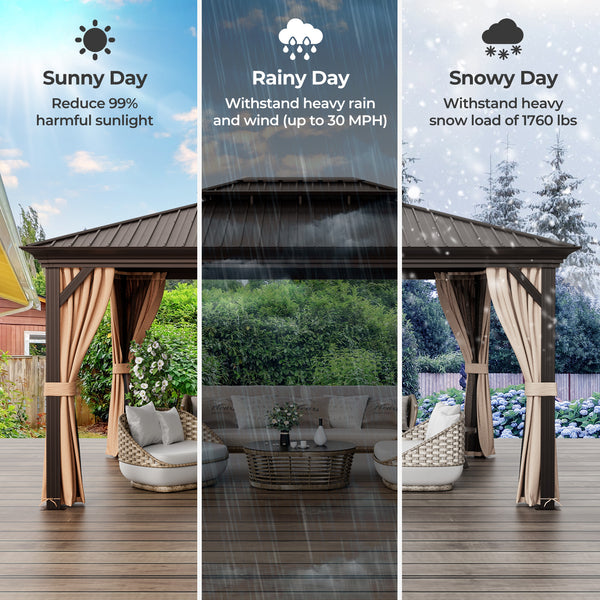 12 ft x 16 ft Double-Roofed Hard-Roof Gazebo with Galvanized Steel Roof - Cafe