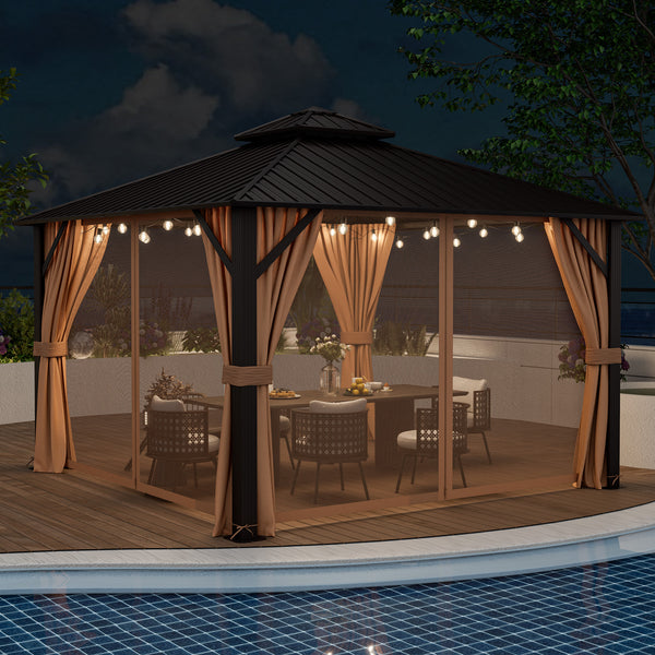 12 x 12 ft Double Roof Hard-Roof Gazebo with Galvanized Steel Roof Netting and Curtains - Cafe