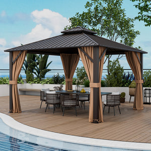 12 x 12 ft Double Roof Hard-Roof Gazebo with Galvanized Steel Roof Netting and Curtains - Cafe