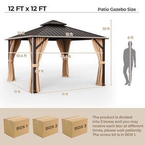 12 x 12 ft Double Roof Hard-Roof Gazebo with Galvanized Steel Roof Netting and Curtains - Cafe