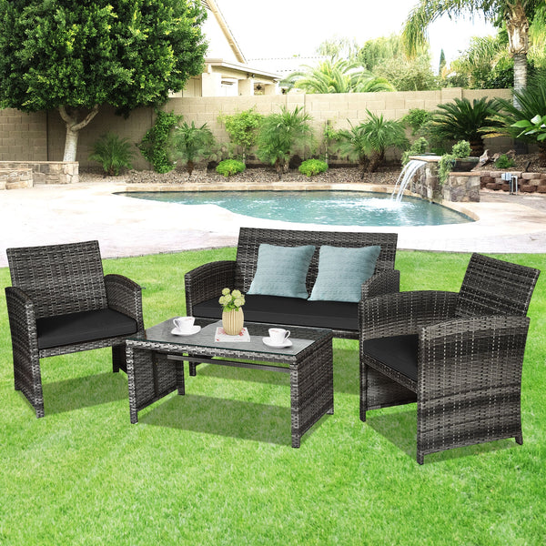4-Piece Rattan Patio Furniture Set with Glass Table and Loveseat - Black