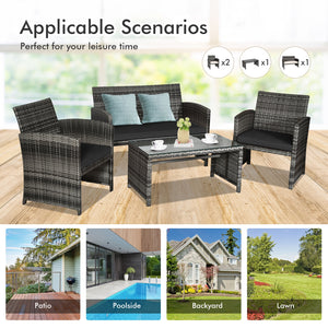 4-Piece Rattan Patio Furniture Set with Glass Table and Loveseat - Black