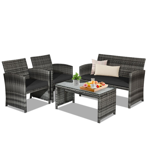 4-Piece Rattan Patio Furniture Set with Glass Table and Loveseat - Black
