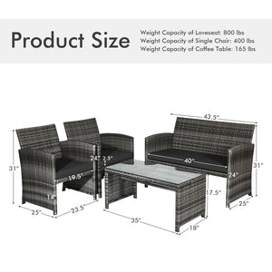 4-Piece Rattan Patio Furniture Set with Glass Table and Loveseat - Black