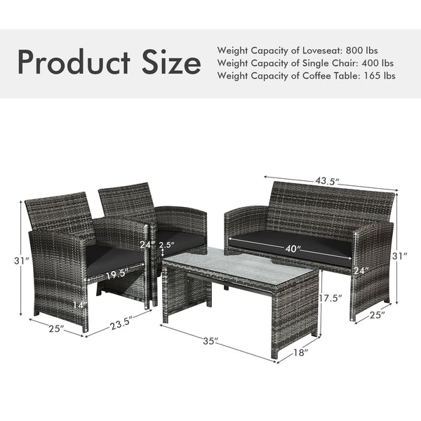 4-Piece Rattan Patio Furniture Set with Glass Table and Loveseat - Black