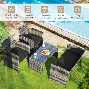 4-Piece Rattan Patio Furniture Set with Glass Table and Loveseat - Black