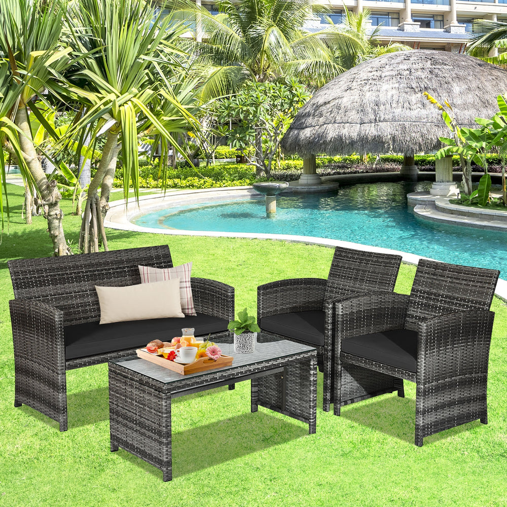 4-Piece Rattan Patio Furniture Set with Glass Table and Loveseat - Black