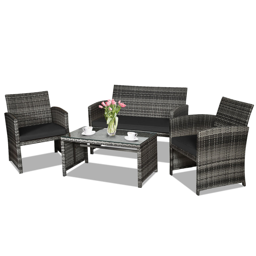 4-Piece Rattan Patio Furniture Set with Glass Table and Loveseat - Black
