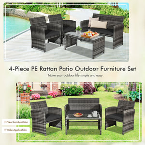 4-Piece Rattan Patio Furniture Set with Glass Table and Loveseat - Black
