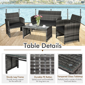 4-Piece Rattan Patio Furniture Set with Glass Table and Loveseat - Black