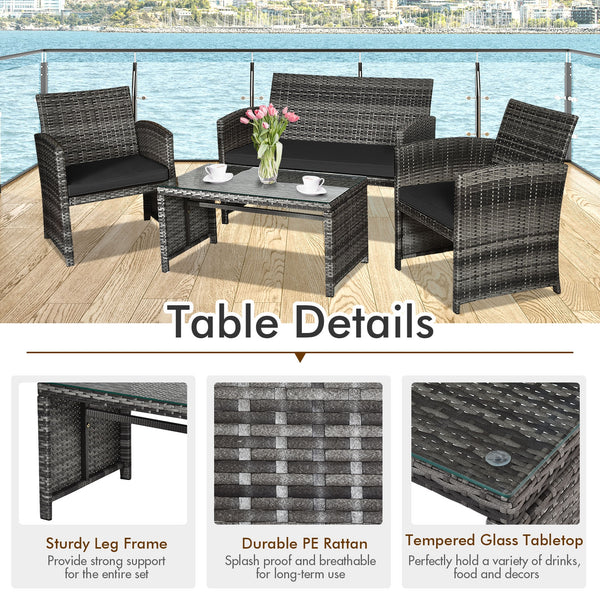 4-Piece Rattan Patio Furniture Set with Glass Table and Loveseat - Black