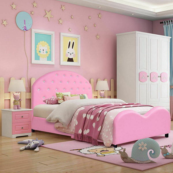 Wooden princess platform bed with upholstered headboard for kids