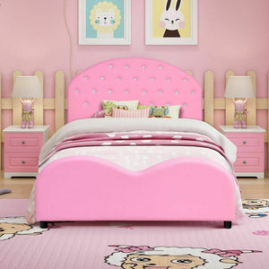 Wooden princess platform bed with upholstered headboard for kids