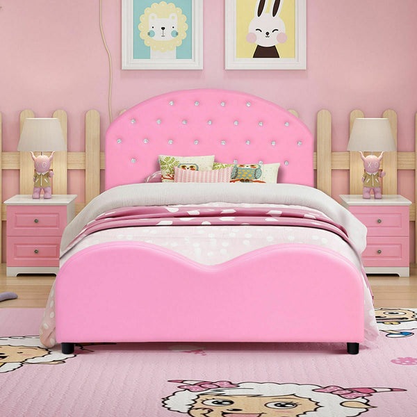 Wooden princess platform bed with upholstered headboard for kids