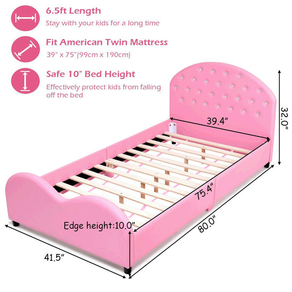 Wooden princess platform bed with upholstered headboard for kids