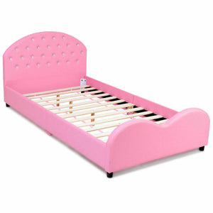 Wooden princess platform bed with upholstered headboard for kids
