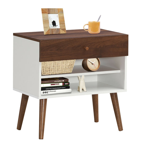 Mid-Century Side Table with Drawer and Rubberwood Legs