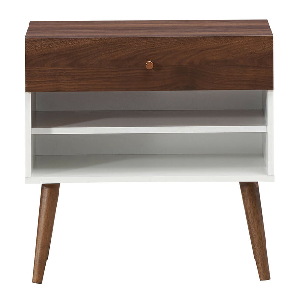 Mid-Century Side Table with Drawer and Rubberwood Legs
