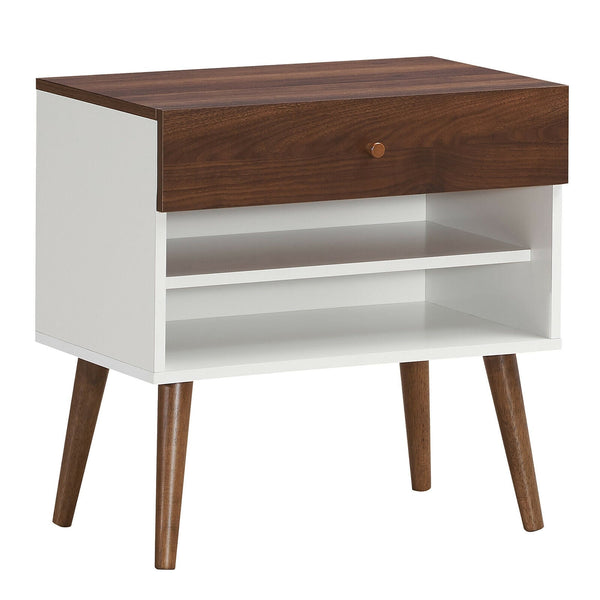 Mid-Century Side Table with Drawer and Rubberwood Legs