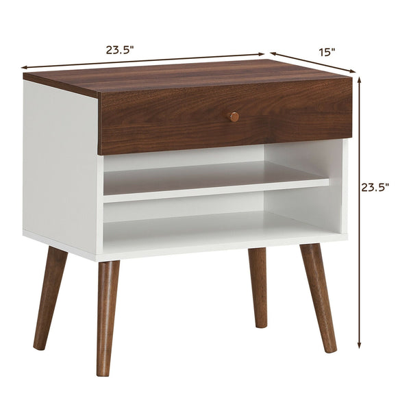 Mid-Century Side Table with Drawer and Rubberwood Legs