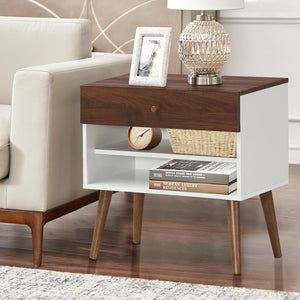 Mid-Century Side Table with Drawer and Rubberwood Legs