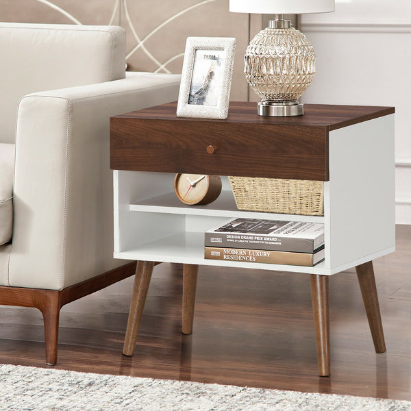 Mid-Century Side Table with Drawer and Rubberwood Legs