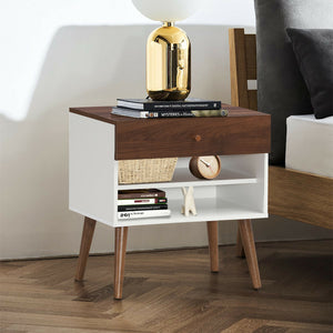 Mid-Century Side Table with Drawer and Rubberwood Legs