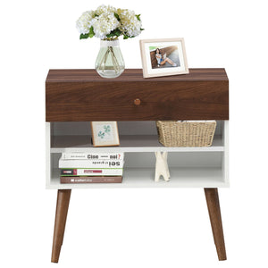 Mid-Century Side Table with Drawer and Rubberwood Legs