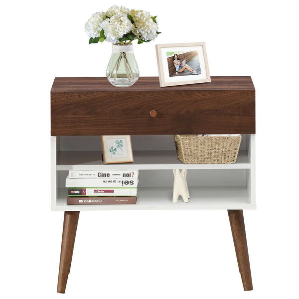 Mid-Century Side Table with Drawer and Rubberwood Legs