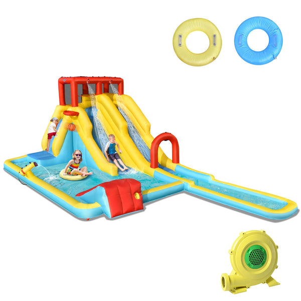Inflatable water park with double slide and 735W air blower