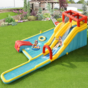 Inflatable water park with double slide and 735W air blower