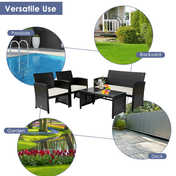 4-Piece Upholstered Rattan Patio Furniture Set - White